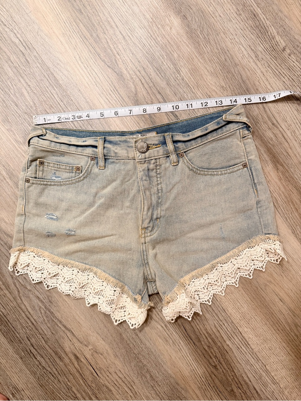 Free People Light Blue Denim Shorts with Cream Lace Hem